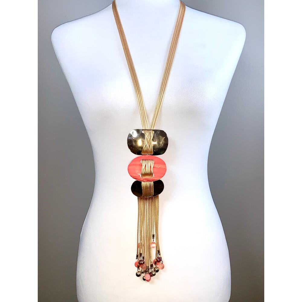 Jules Art Deco Multi Strand Hammered Coral Beaded Fringe Statement Necklace